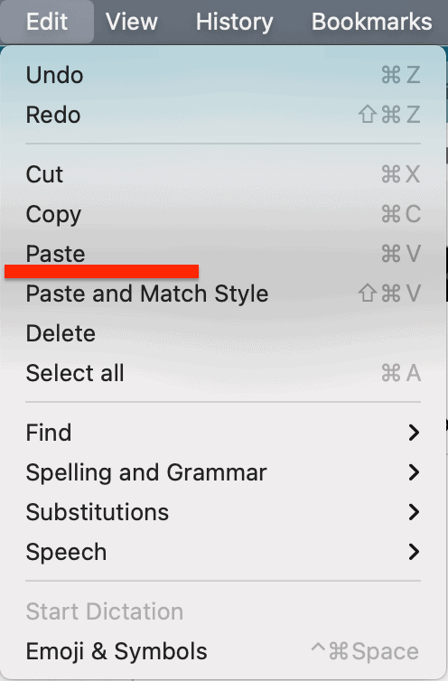 edit menu paste